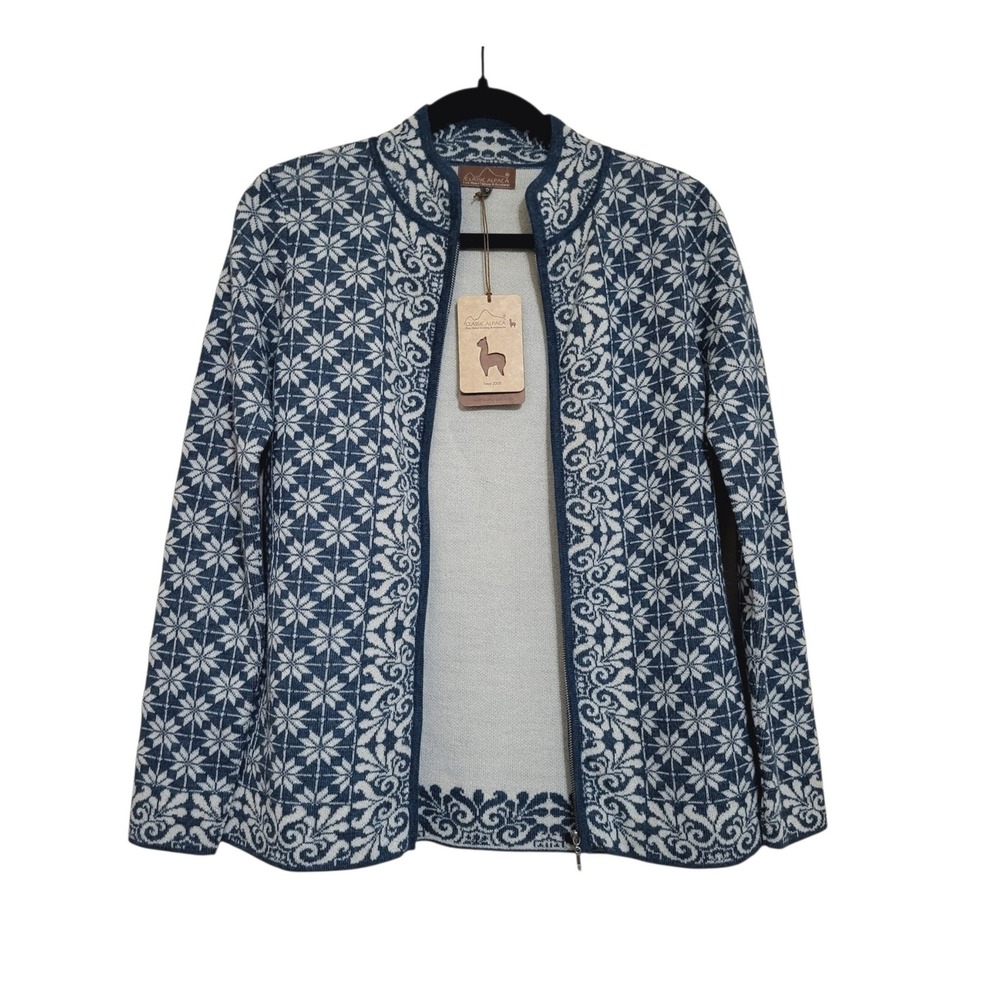 Classic Alpaca Womens S NWT Nordic Fair Isle Baby Alpaca Zip Cardigan Blue - Picture 7 of 10